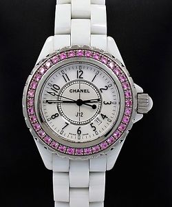 Chanel J12 White Ceramic 33mm Factory Pink Sapphire Bezel Ladies Watch *MINT*