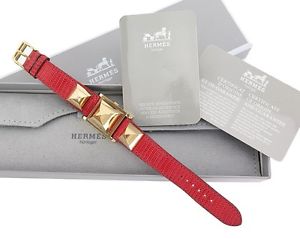 Authentic HERMES Medor Quartz Wrist Watch Goldtone and Red Leather #25429