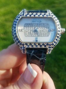 Effy blue saphire and diamond stainless steel ladies watch with crocodile band