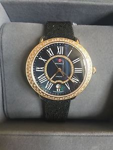 AUTHENTIC MICHELE SEREIN GOLD WATCH /DIAMONDS WITH BLACK CRYSTAL STRAP WOMEN