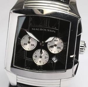 Auth MAUBOUSSIN Delit Chronograph 529 Automatic SS x Leather  Men's watch
