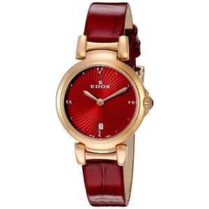 Edox 57002 37RC ROUIR Womens Red Dial Analog Quartz Watch with Leather Strap