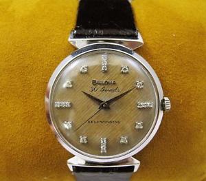 BULOVA Vintage 14k White Gold 30 Jewels Diamond Dial Watch Self Winding