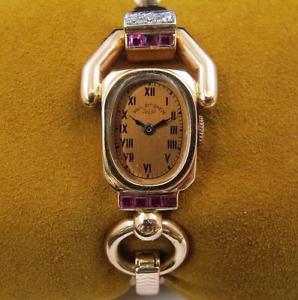 ART DECO PAUL DITISHEIM SolVil 14k Rose Gold Watch Diamond Ruby ESTATE ANTIQUE