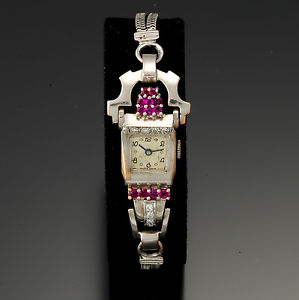 Ladies Retro 14K Gold Case and Band Ruby and Diamond Era Watch Co. Wrist Watch