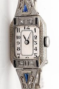 Antique 1920s 1.50ct Blue Sapphire Diamond 18k White Gold Ladies Filigree Watch