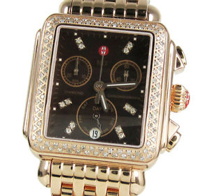 0.66ct Ladies Diamond Michele Brown Dial Deco Day Rose Steel Band Watch