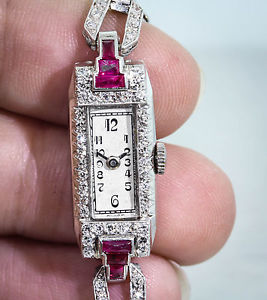 Antique 1920s $9000 2ct VS G Diamond Ruby Platinum Ladies ART DECO Watch