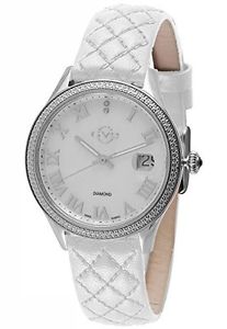 GV2 By Gevril Women's 1800 Asti Diamonds MOP Dial White Leather Date Wristwatch