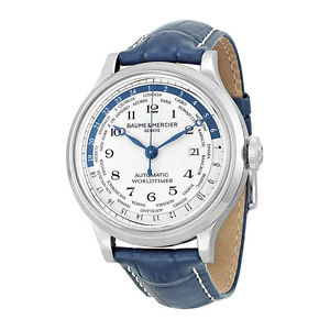 Baume and Mercier Capeland Worldtimer Silver Dial Blue Leather Mens Watch 10106