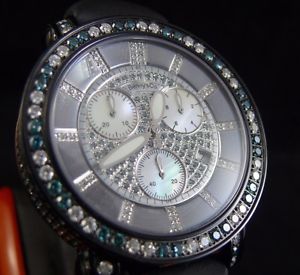 Benny & Co 6.5CT Blue and White Diamonds Watch Quartz Chronograph Blinged Out