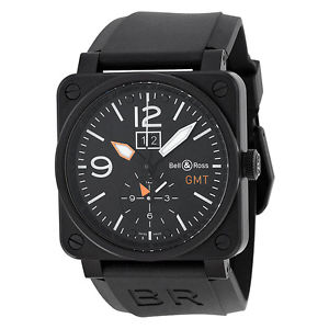 Bell and Ross Aviation Black Dial Black Rubber Mens Watch BR0351-GMT-CA