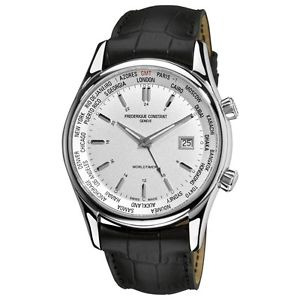 Frederique Constant Index Worldtimer Silver Dial Black Leather Mens Watch 255S6B