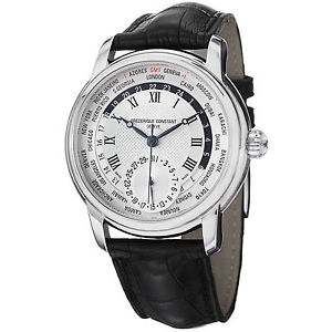 Frederique Constant Mens World timer Silver Dial Leather Strap Watch FC-718MC4H6