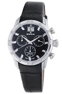 Edox Women's 10018 3 NIN Royal Chronograph Black Dial Black Leather Wristwatch