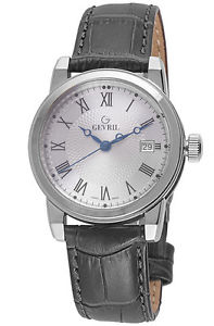 Gevril Men's 2523 PARK Silver Dial Black Leather Date Wristwatch