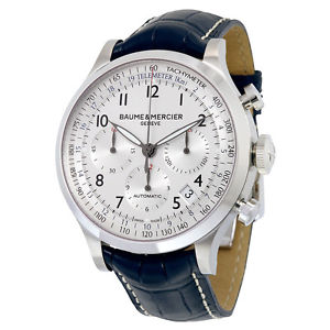 Baume and Mercier Capeland Silver Dial Chronograph Blue Leather Mens Watch 10063
