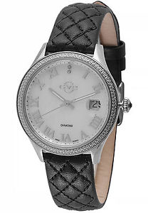 GV2 By Gevril Women's 1802 Asti Diamonds MOP Dial Black Leather Date Watch