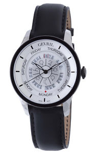 Gevril Men's 2002 'Columbus Circle' Automatic Day Date Black Leather Watch