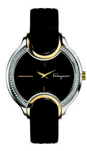 Ferragamo Women's FIZ090015 Signature Diamonds Gold IP Black Leather Wristwatch