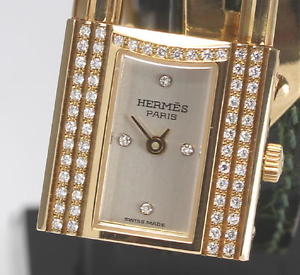Auth HERMES KELLY WATCH 18K Solid Gold Diamond Bezel Leather Ladies w/BOX_252072