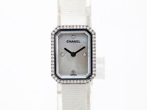Auth CHANEL Stainless steel Leather Premiere Diamond Bezel Watch White Quartz