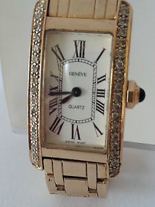 Ladies Swiss 14 k Gold Tank Style "GENEVE" Quartz Watch Sapphire Crown