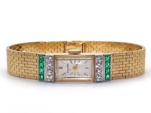 Concord 14k Yellow Gold 1ct Emerald Diamond Manual Wind 17J Bracelet Watch 