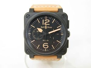 Bell&Ross Br03-94 Chronograph Ss x Leather Auto Excellent #1009 Free Shipping
