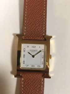 Estate Hermes Heure H Gold Bezel Brown Leather Band Quartz Watch