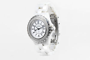 ﻿Chanel $14400 White Ceramic Diamond Bezel "J12" Quartz Bracelet Watch
