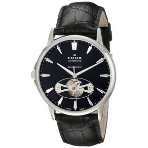 Edox 85021 3 NIN Mens Black Dial Analog Automatic Watch with Leather Strap