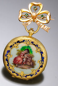 Ladies 18K Vacheron 10-Size Enamel Hunter Case Pendant Watch With Gold Lapel Pin