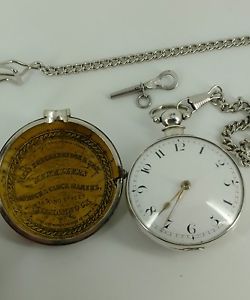 RARE English Sterling Silver Pair Case Verge  Fusee w/ Diamond End Stone ca 1816