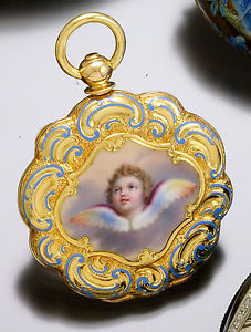 Victorian 18K Scalloped Edge Cherub Enameled Gold Dial Ladies Pocket Watch C1870