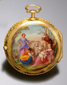 Antique 18K Gold Verge Fusee Farm Scene Enamel Swing-Out Pocket Watch with Key