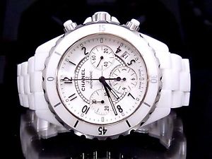 Authentic CHANEL J12 Men Ceramic Stainless Wristwatch Cronograph White Q144