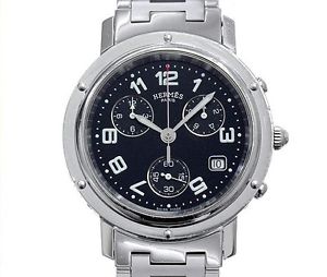 Pre-Owned HERMES Clipper Chronograph CL1 910 Men's SS Black Quartz Watch, MD
