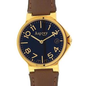 Asprey No.8 18K Yellow Gold Brown Leather Strap Swiss Quartz Black Ladies Watch