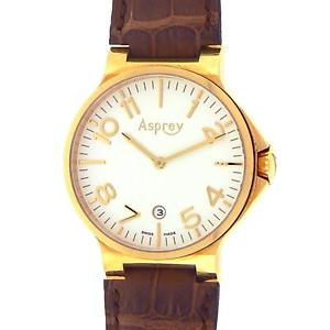 Asprey No. 8 18K Yellow Gold Brown Leather Strap Swiss Quartz White Watch