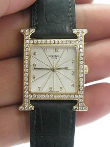 Hermes 18Kt H Large Diamond Yellow Gold Watch HH1.586