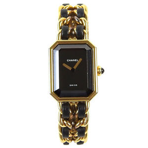 Auth CHANEL CC Gold Plating/Leather Premiere M Wrist watch Switzerland:Y15989_g_