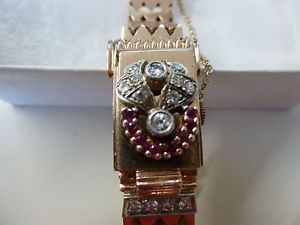 Vintage Girard Perregaux 14k Rose Gold Ladies Watch with Diamonds and Rubies
