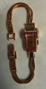 Vintage Ladies Lucien Piccard Bracelet Watch. 14K Rose Gold w/ Rubies & Diamonds