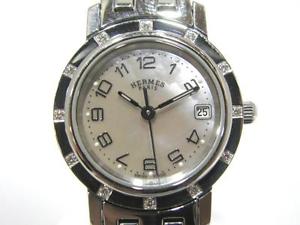Authentic HERMES Clipper Nacre Watch Stainless Steel Diamond Women Quartz