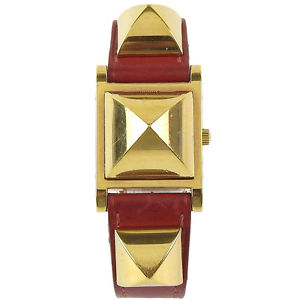 Auth HERMES Gold/Red Gold Plating/Leather Medor Quartz Wrist watch Switzerland:Y