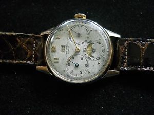 Vintage 14K Yellow Gold Triple Date Moon Universal Geneve Wrist Watch ca 1940s
