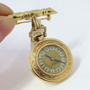 NYJEWEL Leemors 14k Gold Vintage Pocket Watch Brooch Pin Running $4650