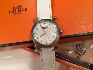 Auth HERMES Heure H Diamond Hour MM Watch w White Leather Strap & Box