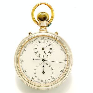 Rare 17-Size Sporting Dial Open Face Silver Chronograph Pocket Watch with 30-Min